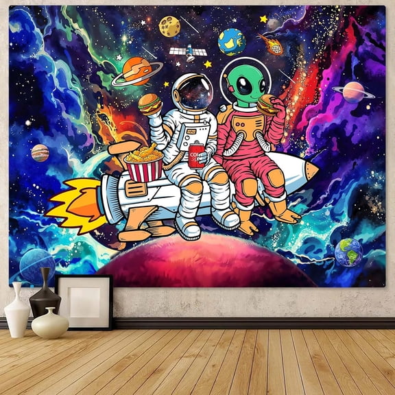 Funny Space Astronaut Alien Tapestry for Bedroom Aesthetic Rocket Universe Galaxy Planets Tapestries Wall Hanging Hippie Colorful Cool Tapestrys for Living Room Dorm Men Boys 60 x 44 Inch