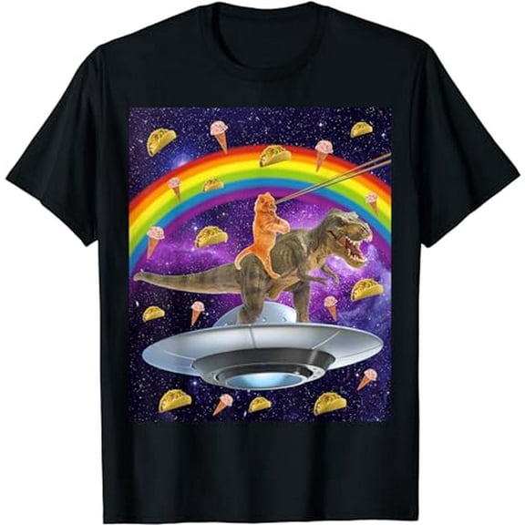 Funny Space Cat Riding T-Rex Dinosaur Rainbow Taco Graphic Unisex Short Sleeve T-Shirt