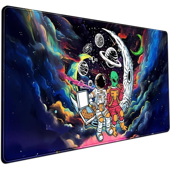 Funny Space Mouse Pad Desk Mat Astronaut Alien Large Gaming Mouse Pads Anime Desk Pad Mousepad XXL Cool Trippy Universe Extended Keyboard Mat with Stitched Edges Anti-Slip, 31.5 X 15.8 in