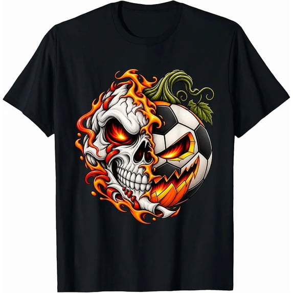 Funny Spooky Soccer Pumpkin Skull Boys Men Halloween T-Shirt