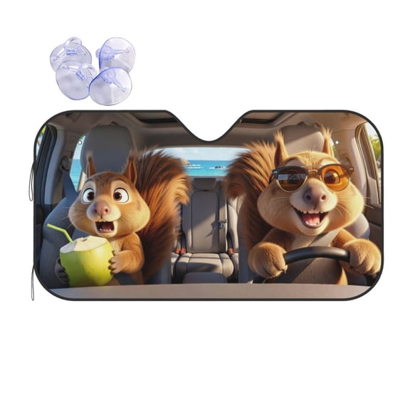Funny Squirrel Couple Windshield Sun Shade - Cute Animals Driving to Beach with Sunglasses & Coconut Drink, Front Window Sunshade UV Heat Blocker for Car SUV Truck, Foldable Storage