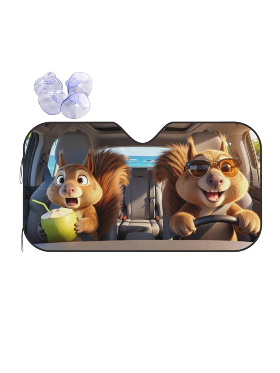 Funny Squirrel Couple Windshield Sun Shade - Cute Animals Driving to Beach with Sunglasses & Coconut Drink, Front Window Sunshade UV Heat Blocker for Car SUV Truck, Foldable Storage