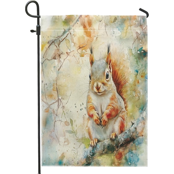 Funny Squirrel Garden Flag 12 x 18 Inch Watercolor Forest Scenic Vertical Linen Flag for Outside Front Yard Backyard Lawn Outdoor Decor