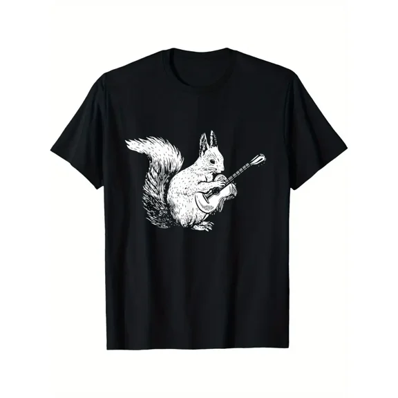 Funny Squirrel Playing Acoustic Guitar Graphic T-Shirt - Black with White Musician Squirrel Print, 180gsm Heavyweight Crew Neck Casual Tee for Men & Women, All-Season Comfort