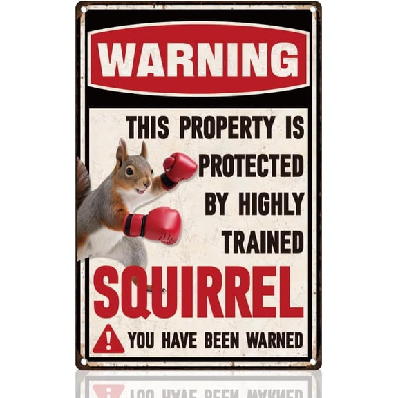 Funny Squirrel Warning Tin Sign Retro Metal Wall Decor 8" x 12" Vintage You Have Been Warned Wall Art Poster for Home Cafes Bathroom Garden Gallery Man Cave Office Clubs Decor Gift