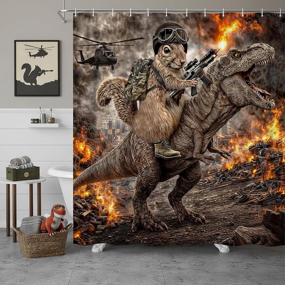 Funny Squirrel Warrior Riding Dinosaur Shower Curtain, Waterproof Fabric Bath Curtain Set with Hooks, Funny Animal Shower Curtain for Kids Men Bathroom