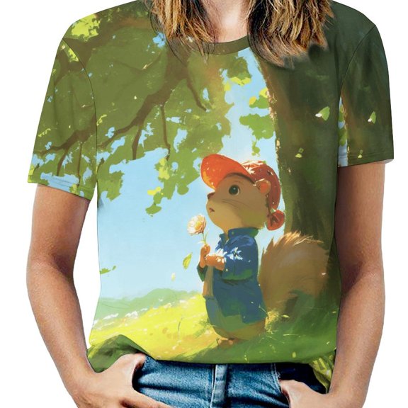 Funny Squirrel Women's Short Sleeve T-Shirt Crew Neck Casual Summer Trendy Loose Fit Tops