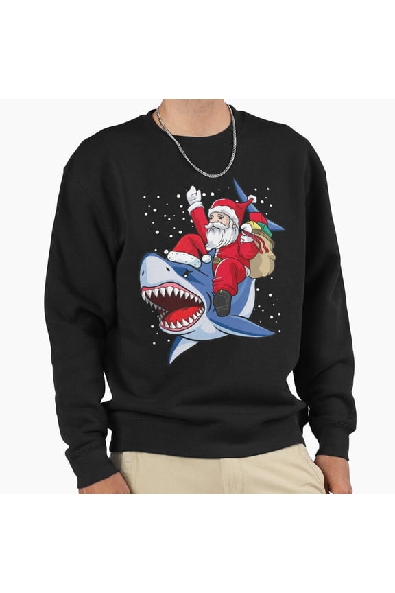 Funny St. Nick Riding Shark Christmas Funny Sweater Retro Holiday Graphic Unisex Sweatshirt G14076, Up to Size 5XL