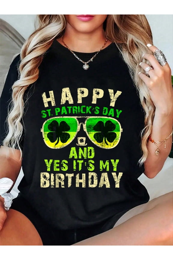 Funny St. Patrick's Day Birthday Clover Sunglasses Unisex 100% Cotton Short Sleeve T-Shirt