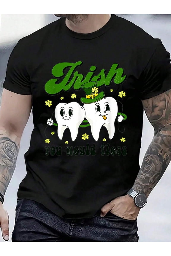 Funny St. Patrick's Day Dental T-Shirt - Irish You Would Floss Teeth Graphic Tee for Men - Lucky Leprechaun Dentist Gift Black Shirt