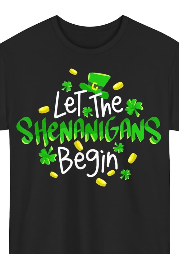 Funny St. Patrick's Day Let The Shenanigans Begin Graphic T-Shirt Retro Lucky Shamrock Leprechaun Hat Unisex Adult Holiday Tee