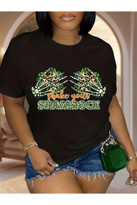Funny St. Patrick's Day Shamrock Skeleton Hands Women Short Sleeve Graphic Tee