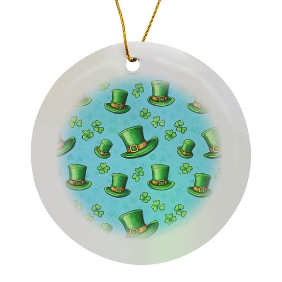 3drose, Funny St. Patricks Day Pattern of Tall Green Hats, Shamrock on Blue, Circle Porcelain Ornament