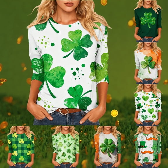 Funny St Patricks Day Shirt Women Crew Neck 3/4 Sleeve Top Clover Print Shirt Irish Green Blouse Casual Loose Fit Tees Tops