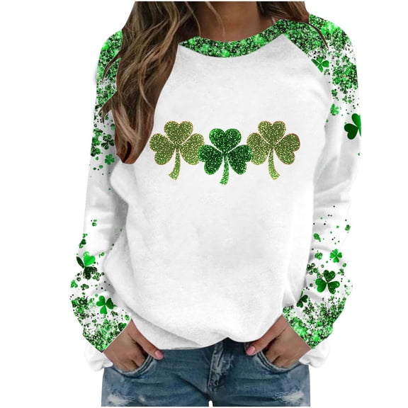 Funny St Patricks Day Shirt Women Four Leaf Clover Heart Print Shirts Crewneck Long Sleeve Pullover Green Party Tops St Patricks Sweatshirt