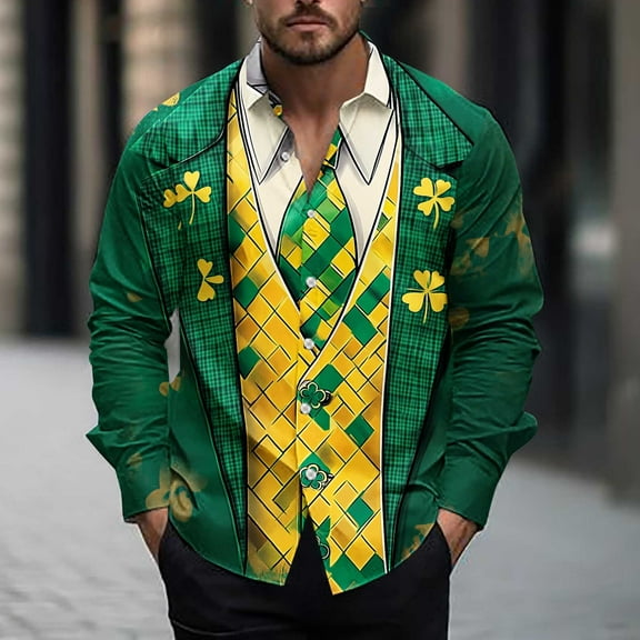 Funny St Patricks Day Shirts for Men, Long Sleeve Shirt Men, Mens Lapel Collar Shirts Fashionable Men's Casual and Comfortable Long Sleeved Turndown Collar Printed Tops Shirt