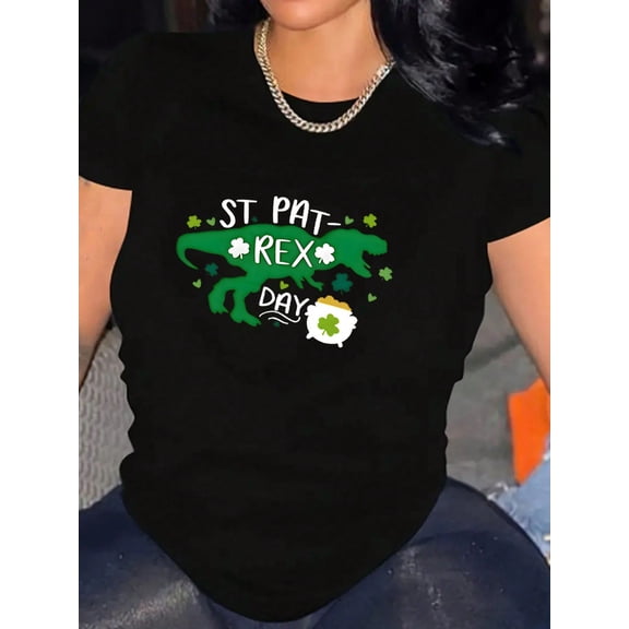 Funny St Patricks Dinosaur Graphic Women Short Sleeve Casual Breathable T-Shirt