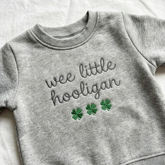 Funny St Pattys Shirt, Embroidered Clover Sweater, Vintage Style Kids Pullover, Irish Hooligan Gift, Natural Organic Cotton Aesthetic