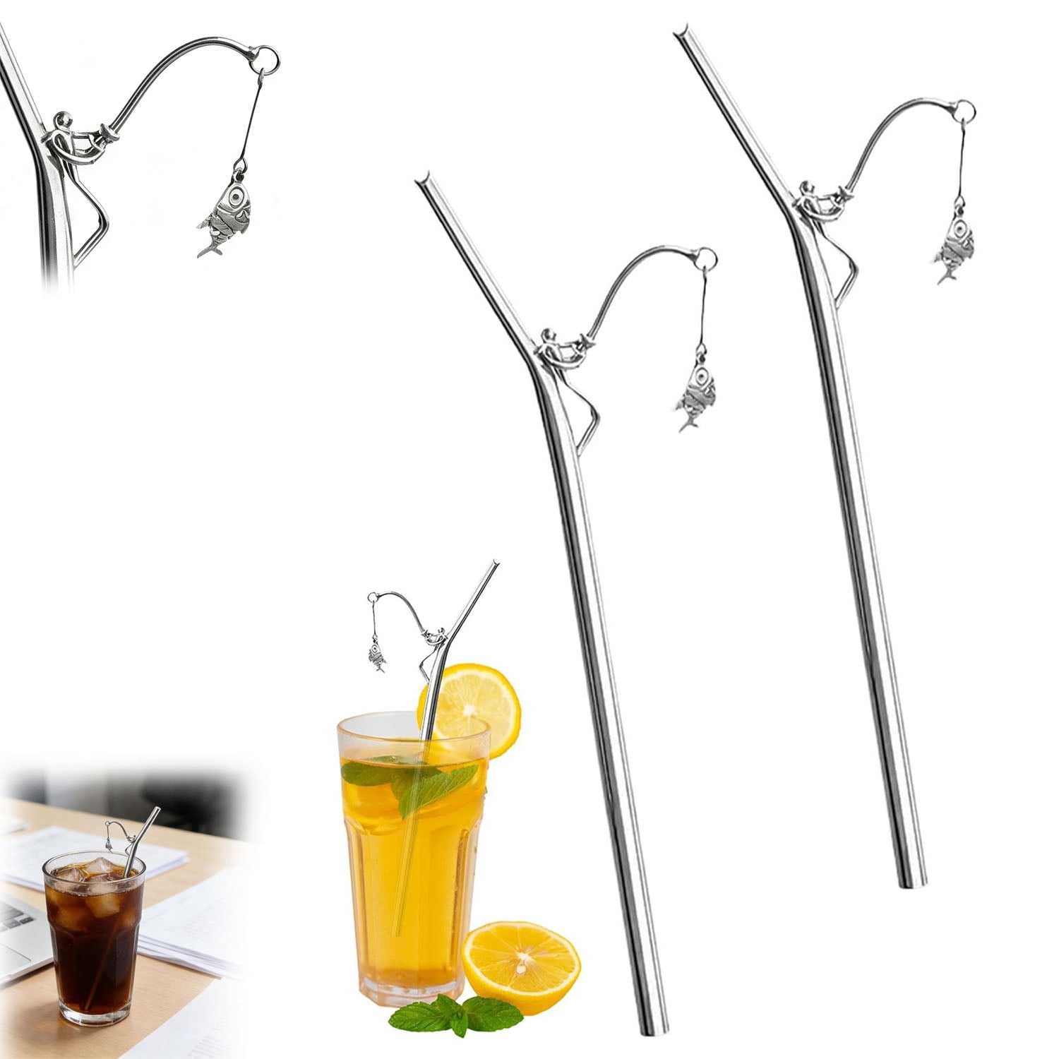 Straw Rod Funny Stainless Steel Straw, Fishing Rod Design with Swaying Fish Charm ...