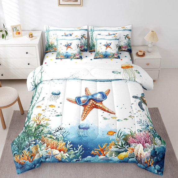 Funny Starfish Comforter Set 7 Piece Bed in a Bag Twin,Sea Turtle Jellyfish Coastal Bedding Set Blue Ocean Sheet Set,Cute Fish Coral Seaweed Bed Set,Kawaii Nautical Creature Tropical Beach Decor