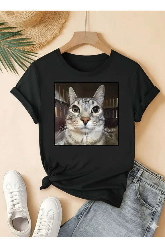 Funny Staring Cat Meme Curious Feline Humor Graphic Design Unisex T-Shirt V18030, up to Size 5XL
