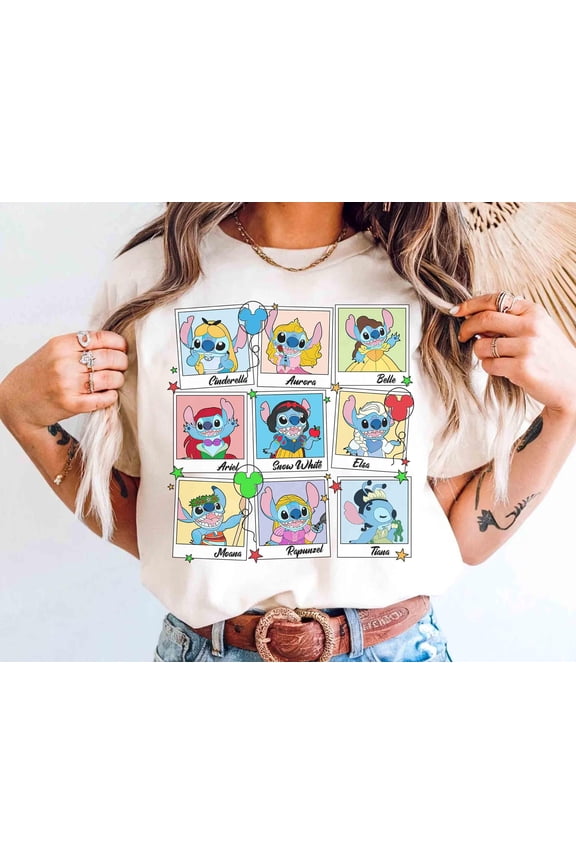 Funny Stitch Custom Disney Princess Belle Aurora Elsa Ariel T-shirt, Cute Stitch Emotion Take Photos Tee, Disneyland Family Vacation Trip