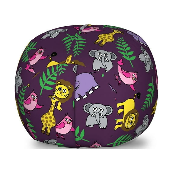 Funny Storage Toy Bag Chair, Funny Cartoon Style Jungle Animals with Palm Leaves on Purple Background Safari Theme, Stuffed Animal Organizer Washable Bag, Large Size, Multicolor, by Ambesonne