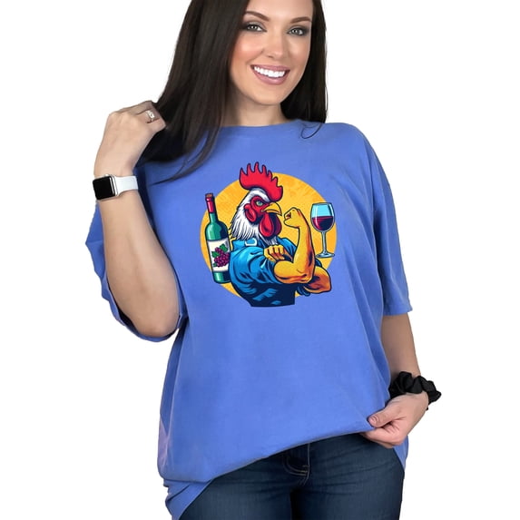 Funny Strong Rooster T-Shirt, Wine Lover Chicken Tee, Farm Animal Graphic Shirt, Unique Gift for Foodies, Cool Cartoon Tee, Unisex Top, Flo Blue Comfort Colors T-Shirt, Medium