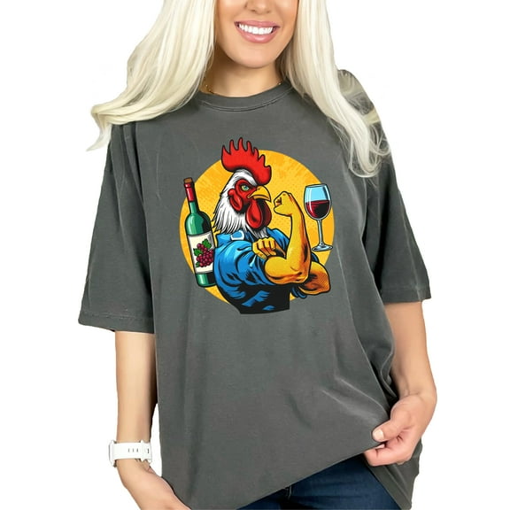 Funny Strong Rooster T-Shirt, Wine Lover Chicken Tee, Farm Animal Graphic Shirt, Unique Gift for Foodies, Cool Cartoon Tee, Unisex Top, Pepper Comfort Colors T-Shirt, Medium