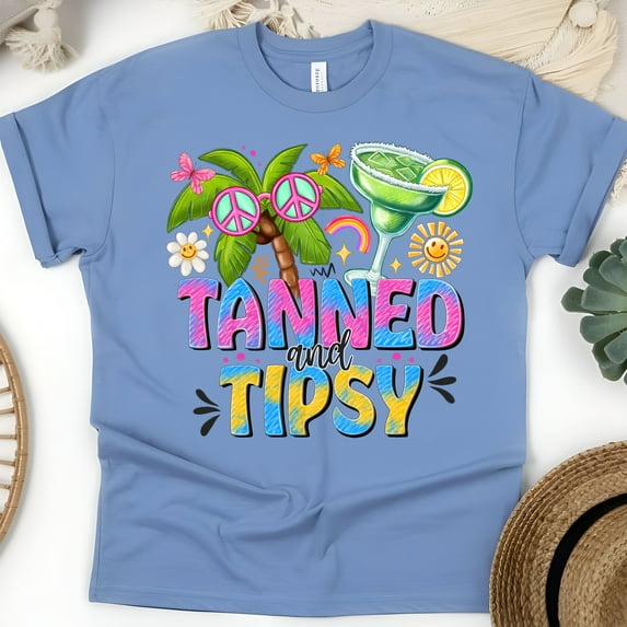 Funny Summer Beach Shirt – Tanned and Tipsy Graphic with Peace Glasses, CarolinaBlue, Size S