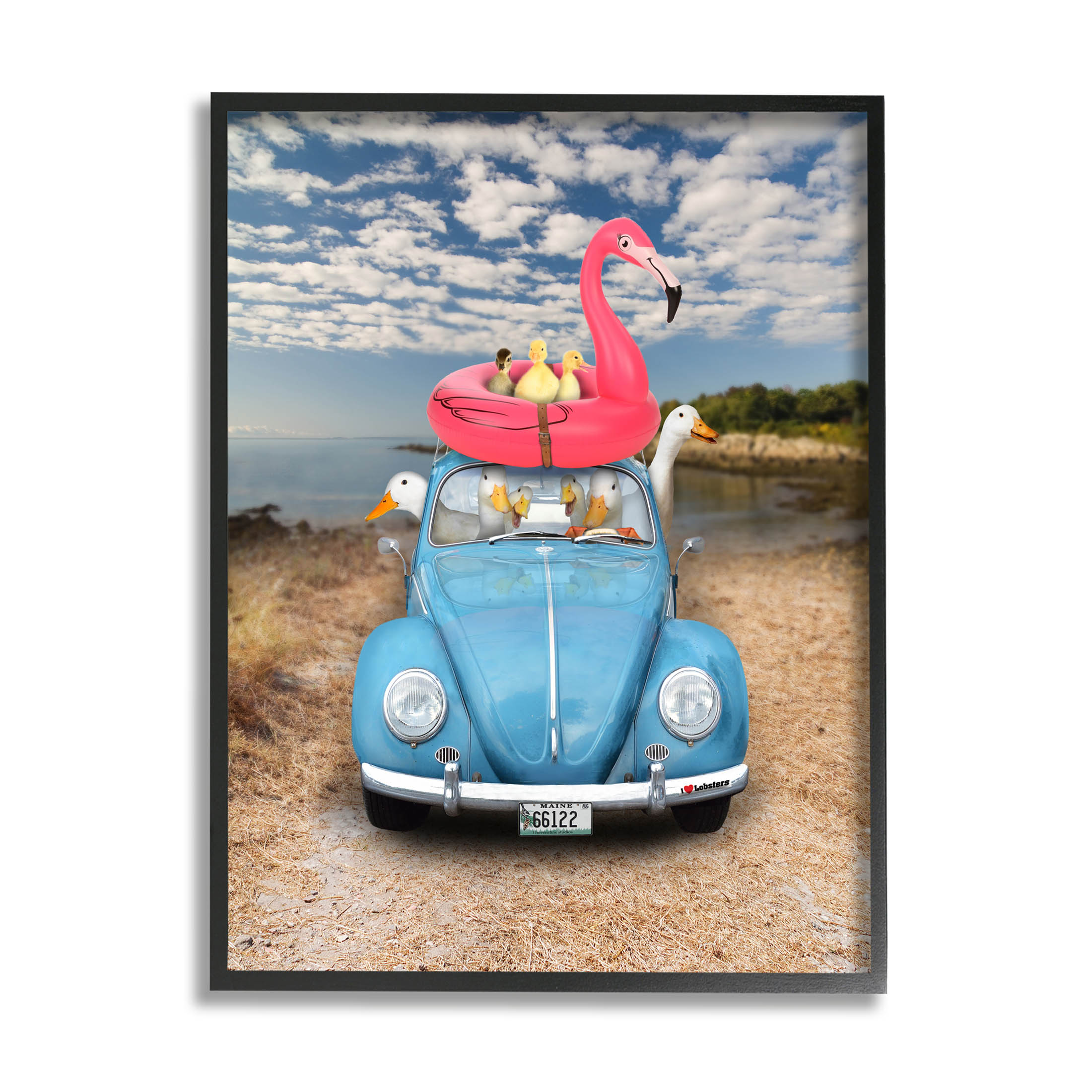 Funny Summer Beach Vacation Geese Animals & Insects Graphic Art Black Framed Art Print Wall Art