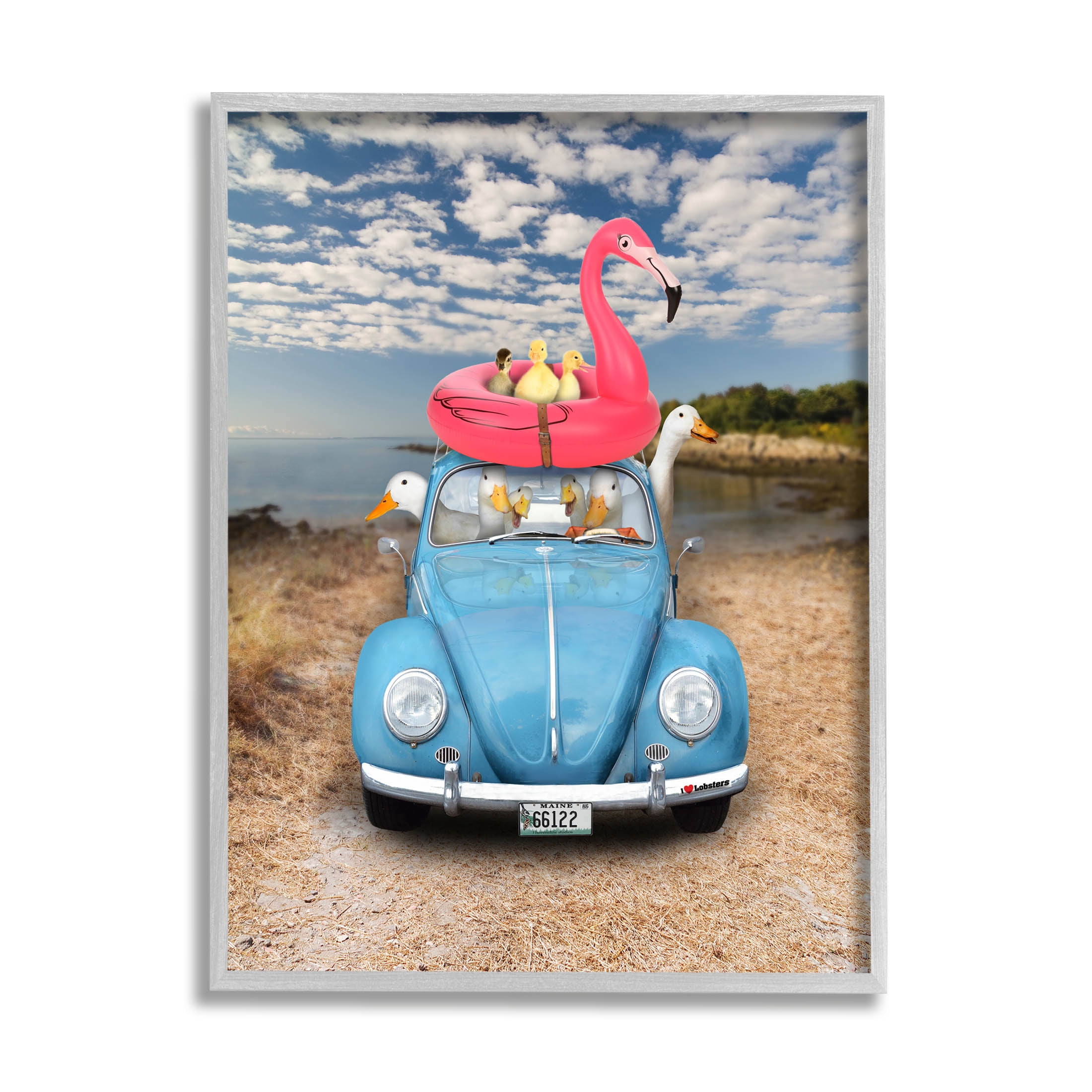 Funny Summer Beach Vacation Geese Animals & Insects Graphic Art Gray Framed Art Print Wall Art