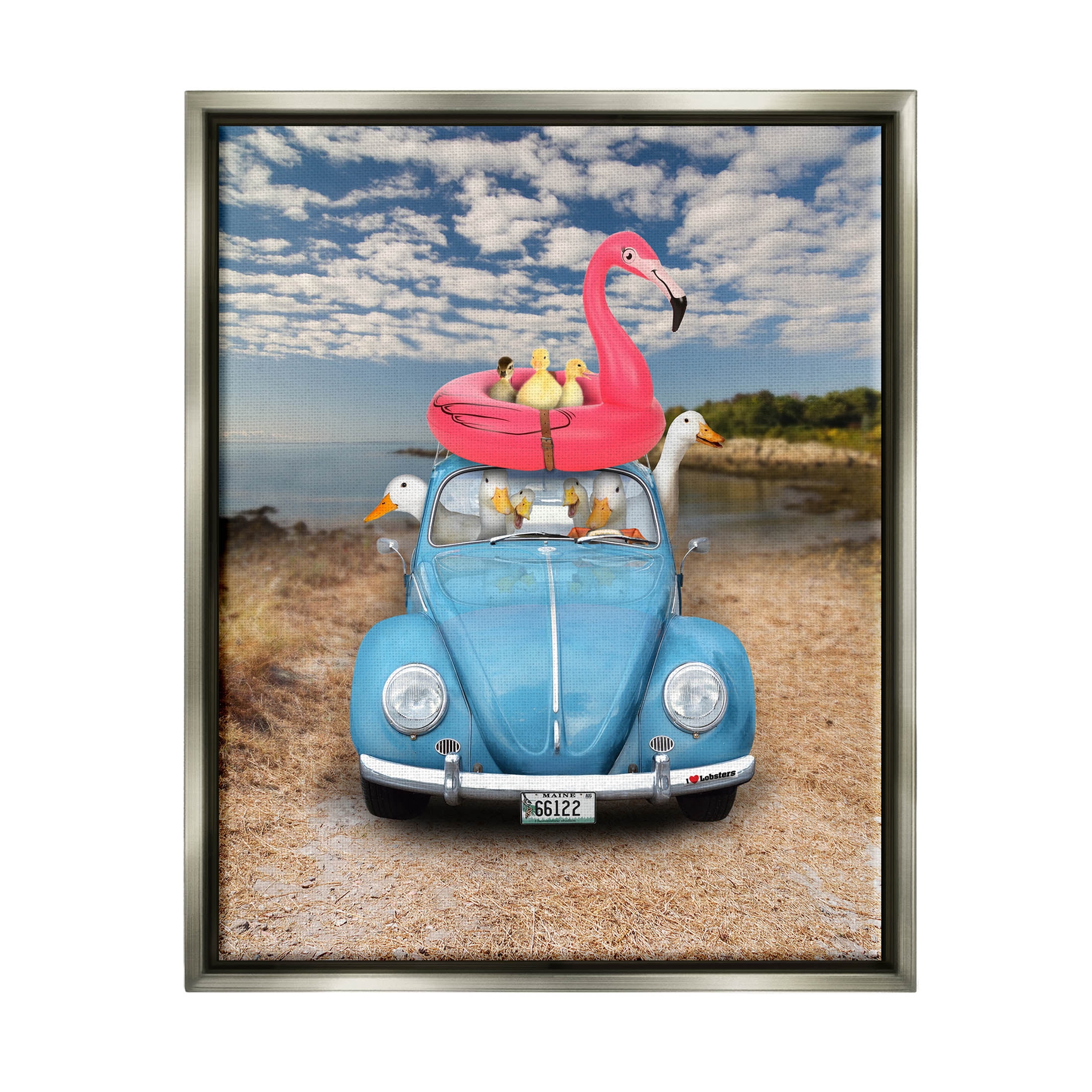 Funny Summer Beach Vacation Geese Animals & Insects Graphic Art Luster Gray Framed Art Print Wall Art