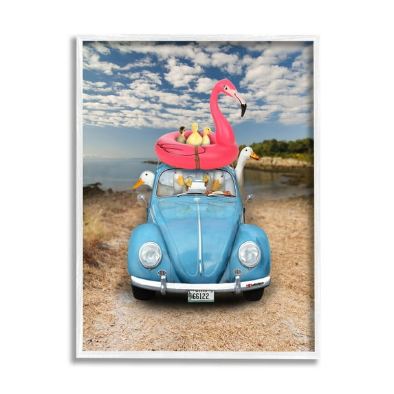 Funny Summer Beach Vacation Geese Animals & Insects Graphic Art White Framed Art Print Wall Art