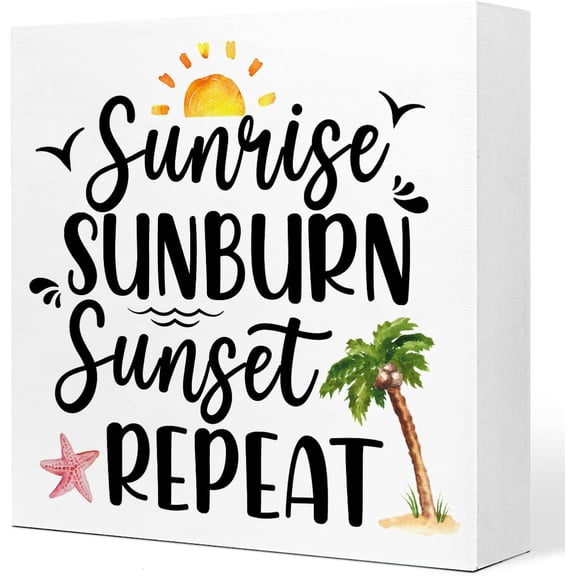 Funny Summer Decor,Beach Themed Wooden Signs,Summer Desk Decor,Sunshine Sunburn Sunset Repeat Wood Box Sign,Summer Decorations For Home Shelf Table Decor 5x5 Inch