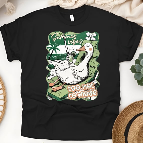 Funny Summer Duck T-Shirt for Women, Too Hot to Move Beach Vibes Graphic Tee, Black, Size S