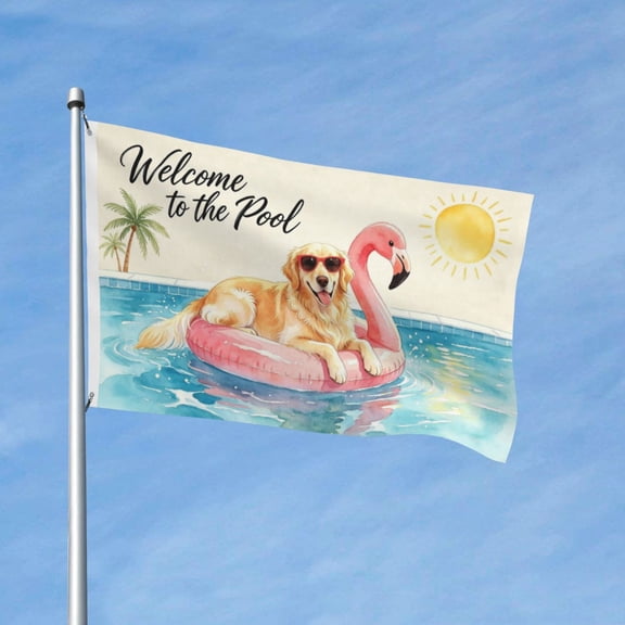 Funny Summer Golden Retriever Garden Flags for Outside 3x5 Ft Double Sided Large House Flag Welcome to the Pool Flamingo Float Dogs Flags Gifts for Women Men Dog Lovers Yard Outdoor Patio Decor