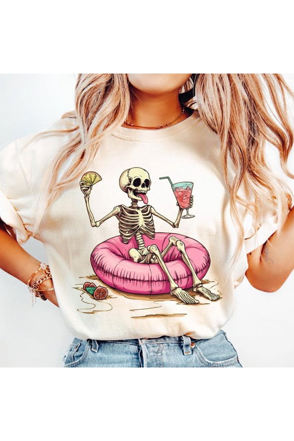 Funny Summer T-shirt, Floating Skull Shirt, Tropical Drink T-shirt, Summer Vibes Shirt, Beach Shirt TH070624