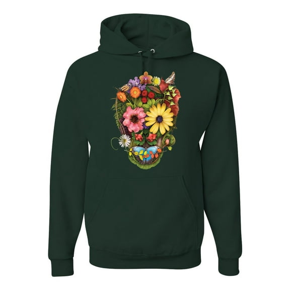 Funny Sun Flower Grass Nature Skull Fashion Graphic Hoodie Sweatshirt, Forest Green, 3XL