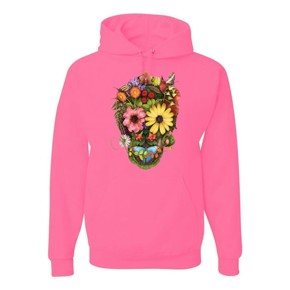 Funny Sun Flower Grass Nature Skull Fashion Graphic Hoodie Sweatshirt, Neon Pink, X-Large