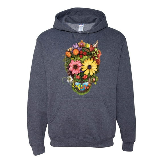 Funny Sun Flower Grass Nature Skull Fashion Graphic Hoodie Sweatshirt, Vintage Heather Navy, Medium