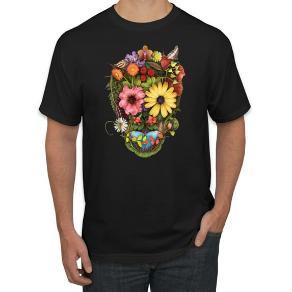 Funny Sun Flower Grass Nature Skull Fashion Graphic T-Shirt, Black, Small