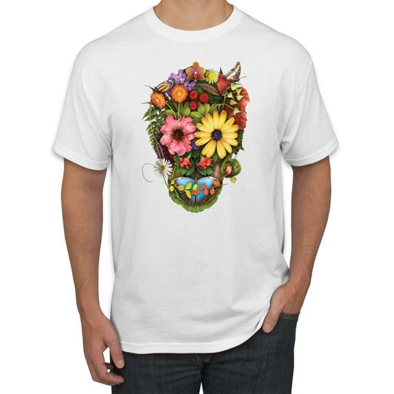 Funny Sun Flower Grass Nature Skull Fashion Graphic T-Shirt, White, Small