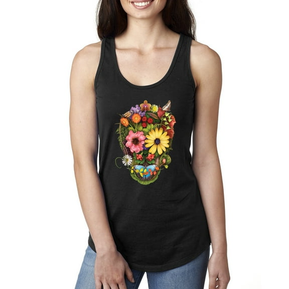 Funny Sun Flower Grass Nature Skull Fashion Ladies Racerback Tank Top, Black, Small