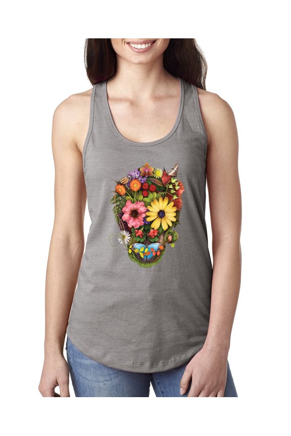 Funny Sun Flower Grass Nature Skull Fashion Ladies Racerback Tank Top, Heather Grey, Large