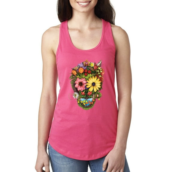 Funny Sun Flower Grass Nature Skull Fashion Ladies Racerback Tank Top, Hot Pink, Small