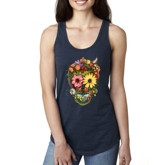 Funny Sun Flower Grass Nature Skull Fashion Ladies Racerback Tank Top, Navy, Small