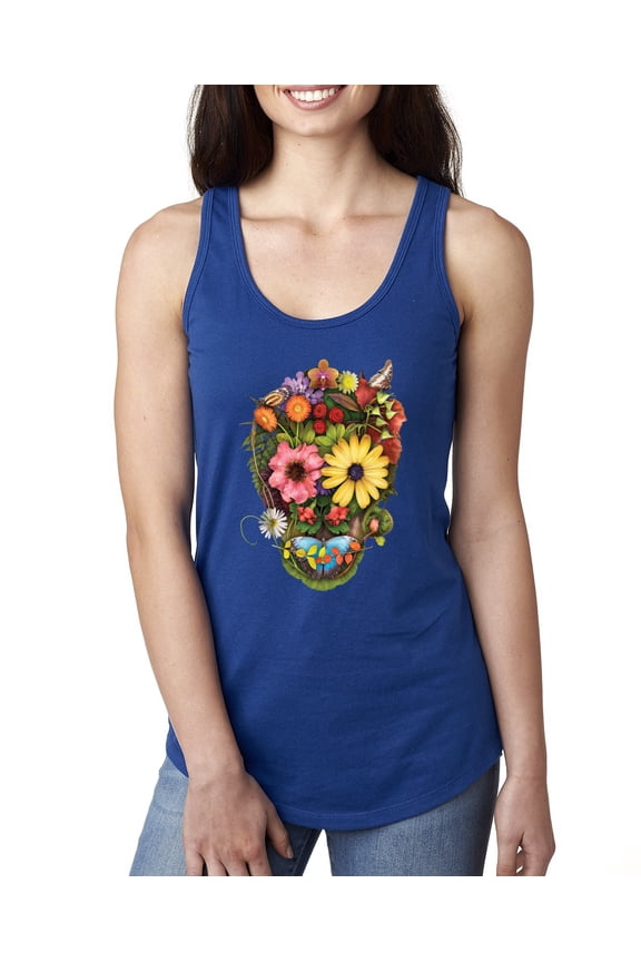Funny Sun Flower Grass Nature Skull Fashion Ladies Racerback Tank Top, Royal, Large