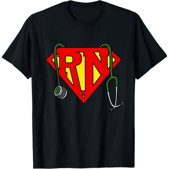 Funny Super Nurse Graphic T-Shirt with RN Design and Stethoscope - Heroic Healthcare Apparel