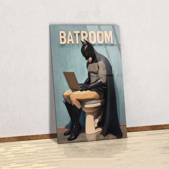 Funny Superhero Bathroom Art Dark Knight on Toilet Modern Poster